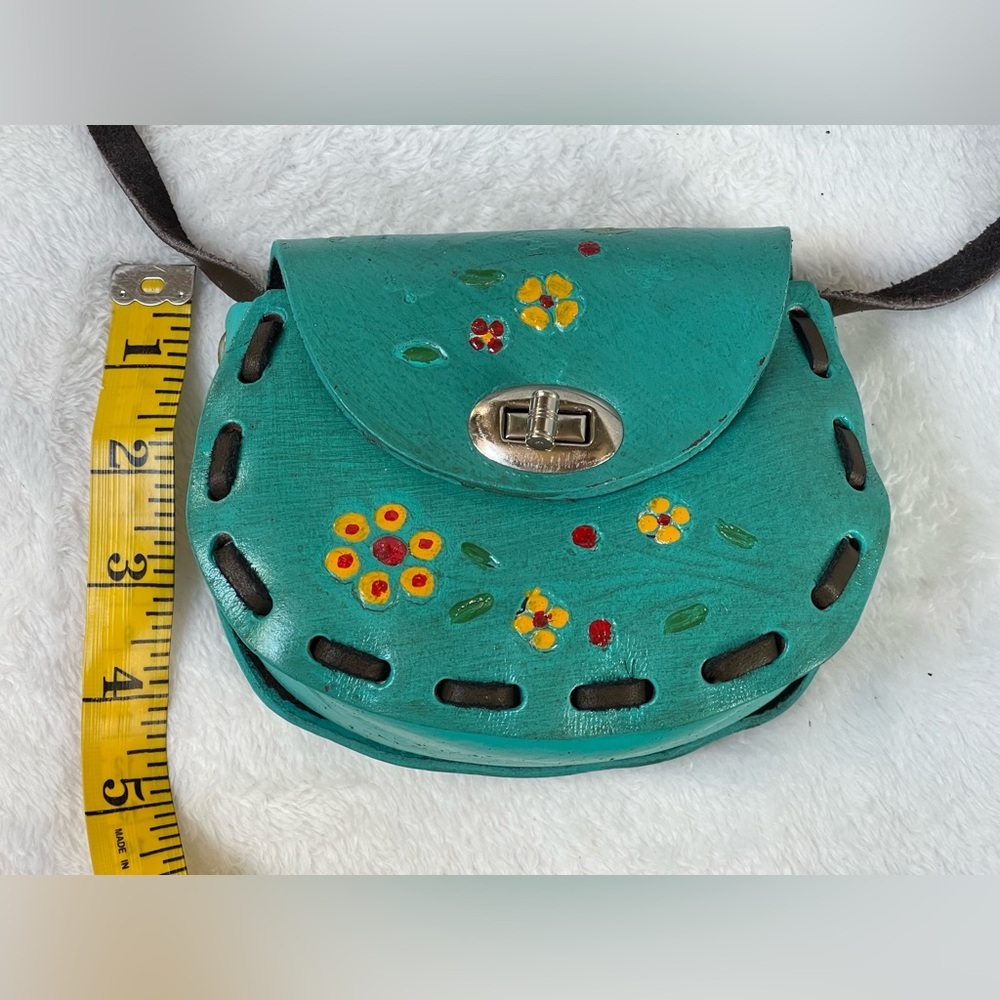 Vintage handmade Mexico leather mini purse crossbody colorful - Picture 6 of 10